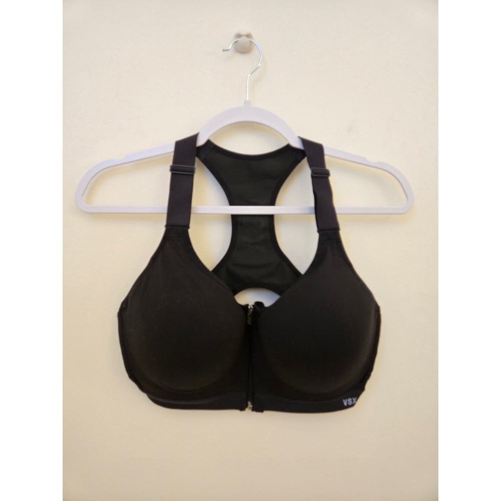 Victoria's Secret VSX Sport Bra 36DD Black Front Zip Racerback Maximum Support